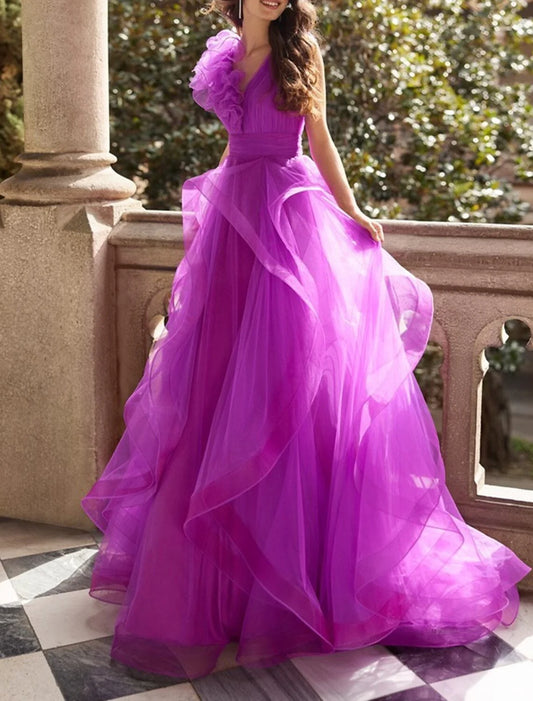 A-Line/Princess V Neck Sleeveless Floor-Length Prom Dresses