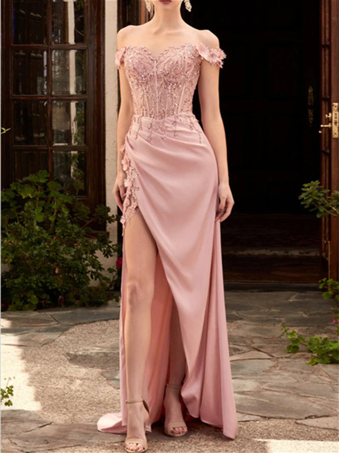 A-Line/Princess Sweetheart Off-The-Shoulder Floor-Length Prom Dresses