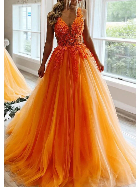 A-Line/Princess V Neck Floor-Length Prom Dresses With