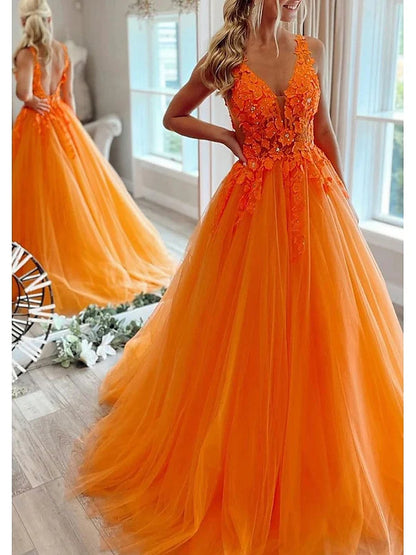 A-Line/Princess V Neck Floor-Length Prom Dresses With