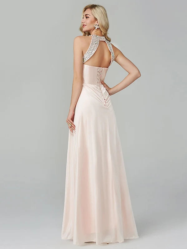 A-Line/Princess Sleeveless Halter Neck Floor-Length Prom Dresses