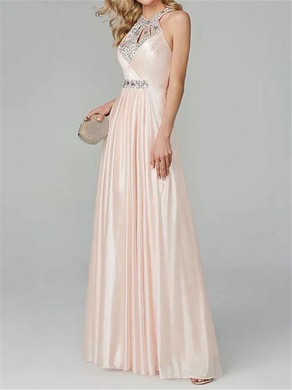 A-Line/Princess Sleeveless Halter Neck Floor-Length Prom Dresses