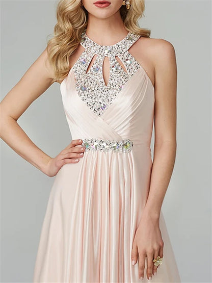 A-Line/Princess Sleeveless Halter Neck Floor-Length Prom Dresses