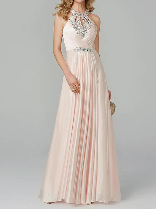 A-Line/Princess Sleeveless Halter Neck Floor-Length Prom Dresses