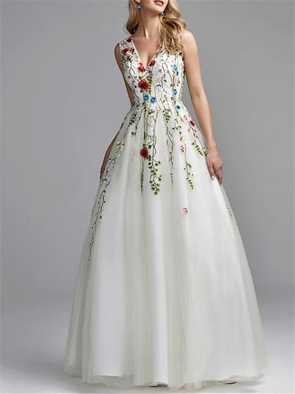 A-Line/Princess Sleeveless V Neck Floor-Length Prom Dresses