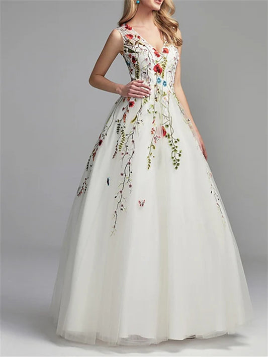 A-Line/Princess Sleeveless V Neck Floor-Length Prom Dresses