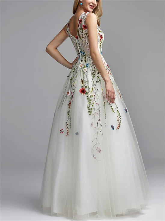 A-Line/Princess Sleeveless V Neck Floor-Length Prom Dresses