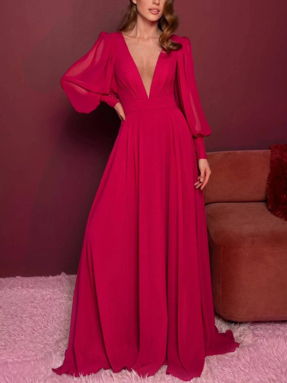 A-Line/Princess V-Neck Long Sleeves Floor-Length Evening Dress