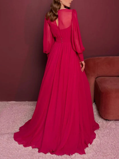 A-Line/Princess V-Neck Long Sleeves Floor-Length Evening Dress