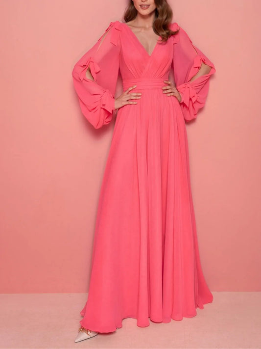 A-Line/Princess V-Neck Long Sleeves Floor-Length Evening Dress