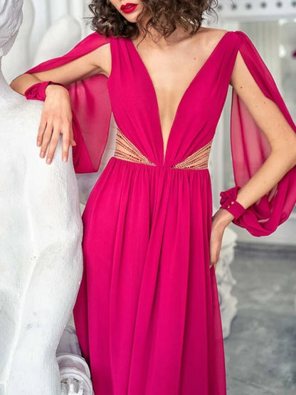 A-Line/Princess V-Neck Long Sleeves Floor-Length Evening Dress