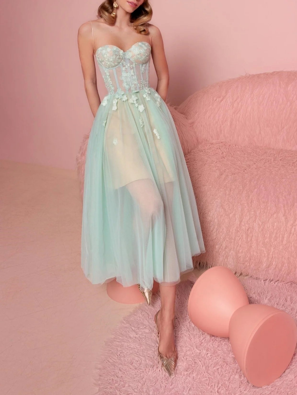 A-Line/Princess Strapless Sleeveless Tea-Length Cocktail Dress