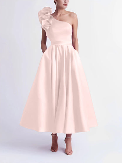 A-Line One-Shoulder Tea-Length Prom Dresses