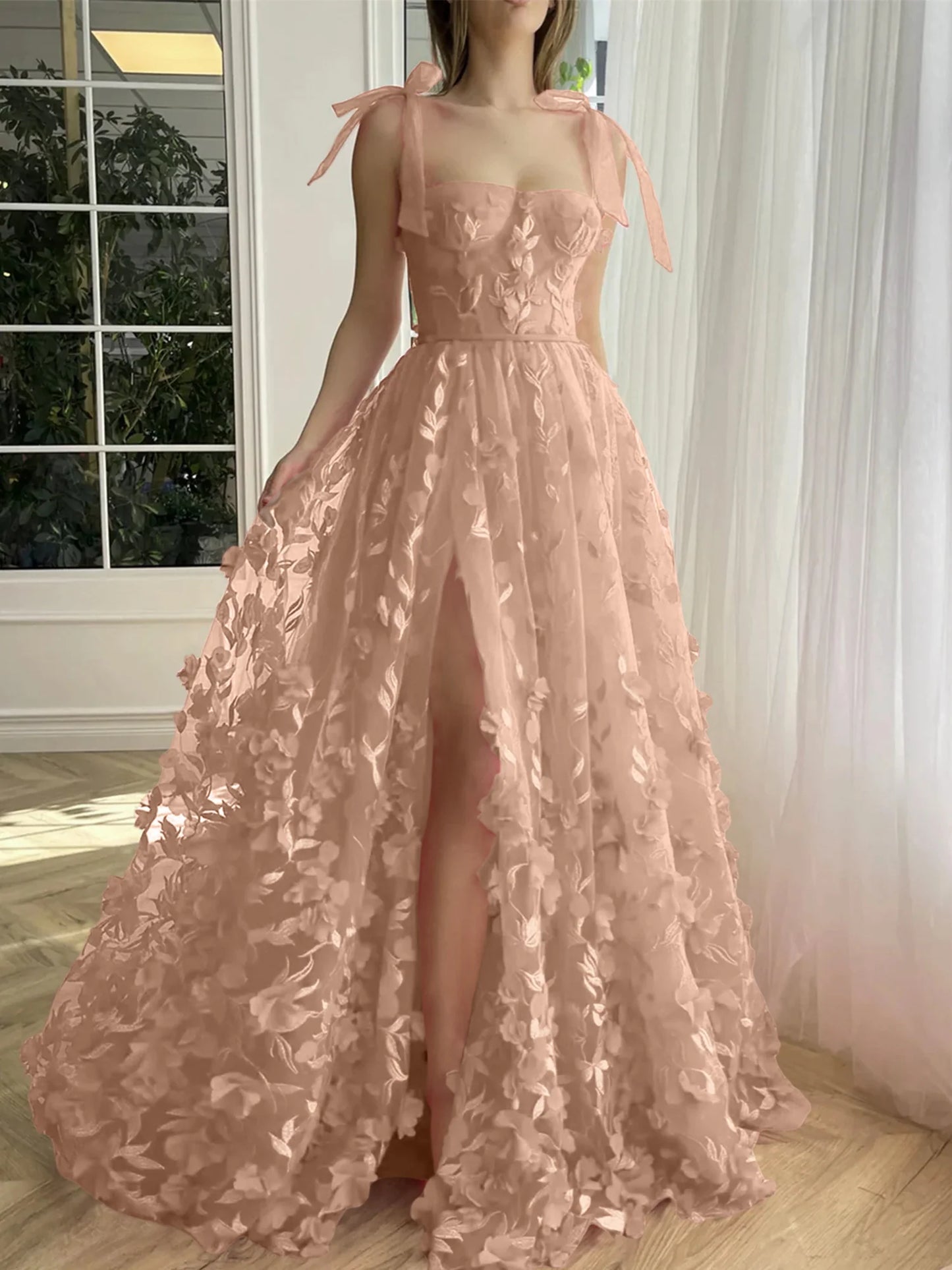 A-Line/Princess Spaghetti Straps Long Prom Floral Dresses