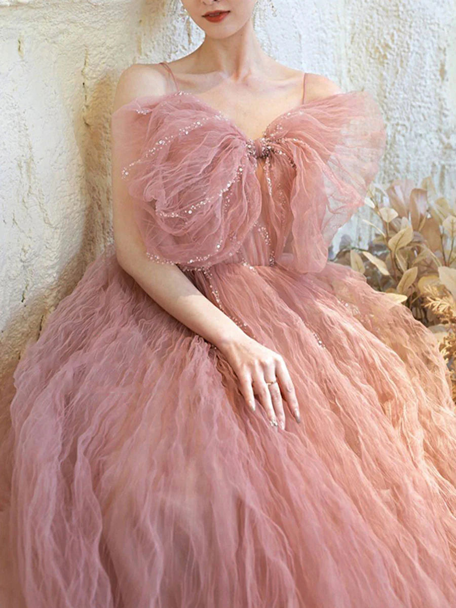 Pink tulle sequin long Evening Dresses