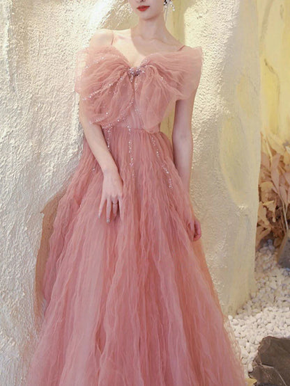 Pink tulle sequin long Evening Dresses