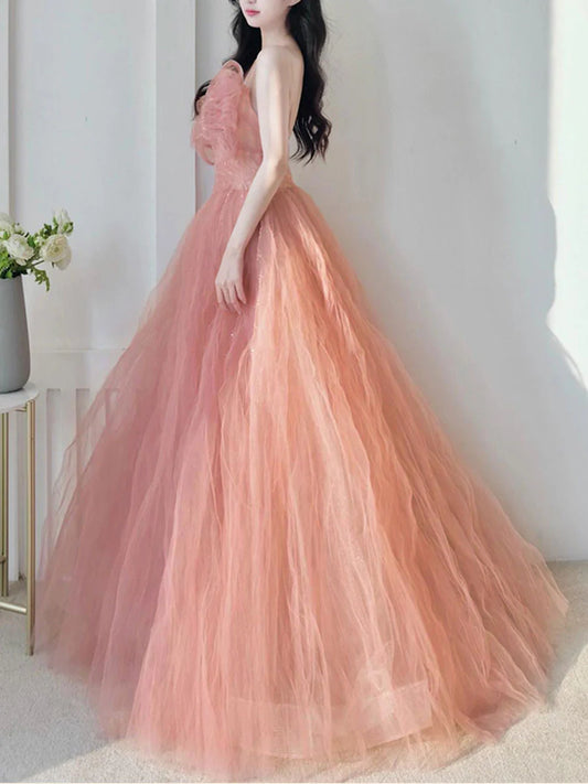 Pink tulle sequin long Evening Dresses