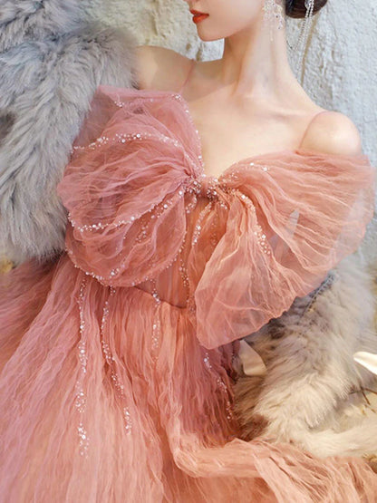 Pink tulle sequin long Evening Dresses