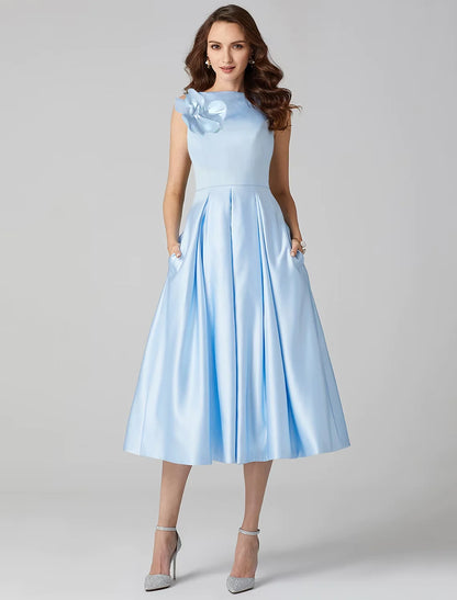 A-Line Cocktail Dresses Party Dress Formal Tea Length Sleeveless Jewel Neck Pocket Satin with Pleats Shouder Flower