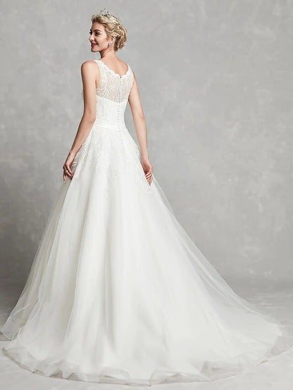 A-Line Wedding Dresses Scoop Neck Chapel Train Lace Tulle Regular Straps Formal Illusion Detail with Lace Sash Ribbon