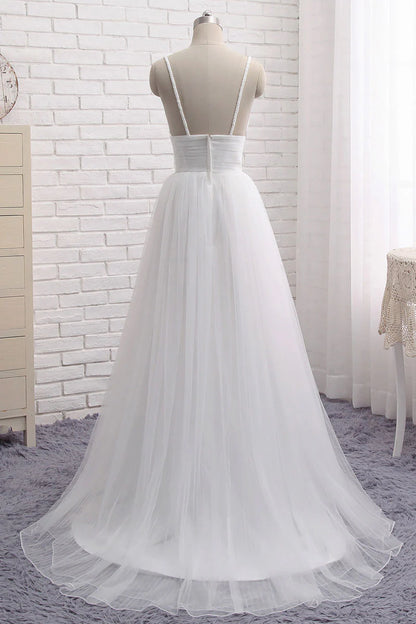 Simple white v neck tulle long prom Wedding Dresses