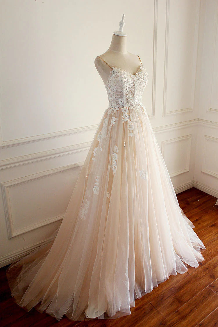 Champagne tulle lace applique long prom Wedding Dresses