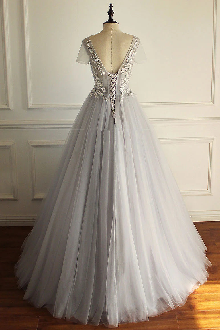 Gray v neck tulle lace applique long prom Wedding Dresses