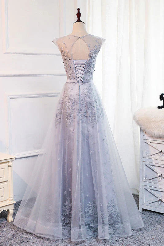 Gray round neck tulle lace applique long prom Wedding Dresses