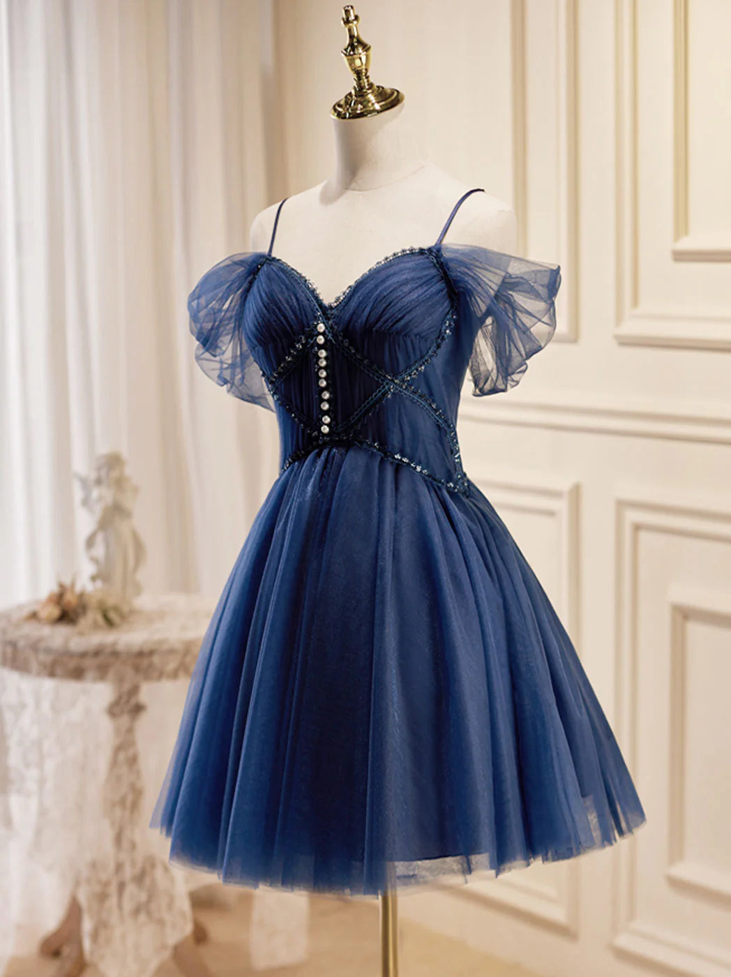 Dark Blue V Neck Tulle Short Homecoming Dresses