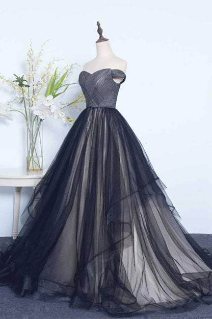 Black off shoulder tulle long prom Wedding Dresses