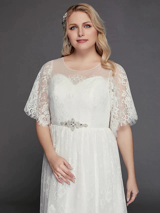 A-Line Wedding Dresses Illusion Neck Jewel Neck Floor Length Lace Tulle Half Sleeve Formal Boho Little White Dress See-Through with Beading Lace Insert