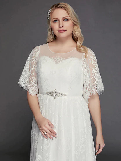 A-Line Wedding Dresses Illusion Neck Jewel Neck Floor Length Lace Tulle Half Sleeve Formal Boho Little White Dress See-Through with Beading Lace Insert