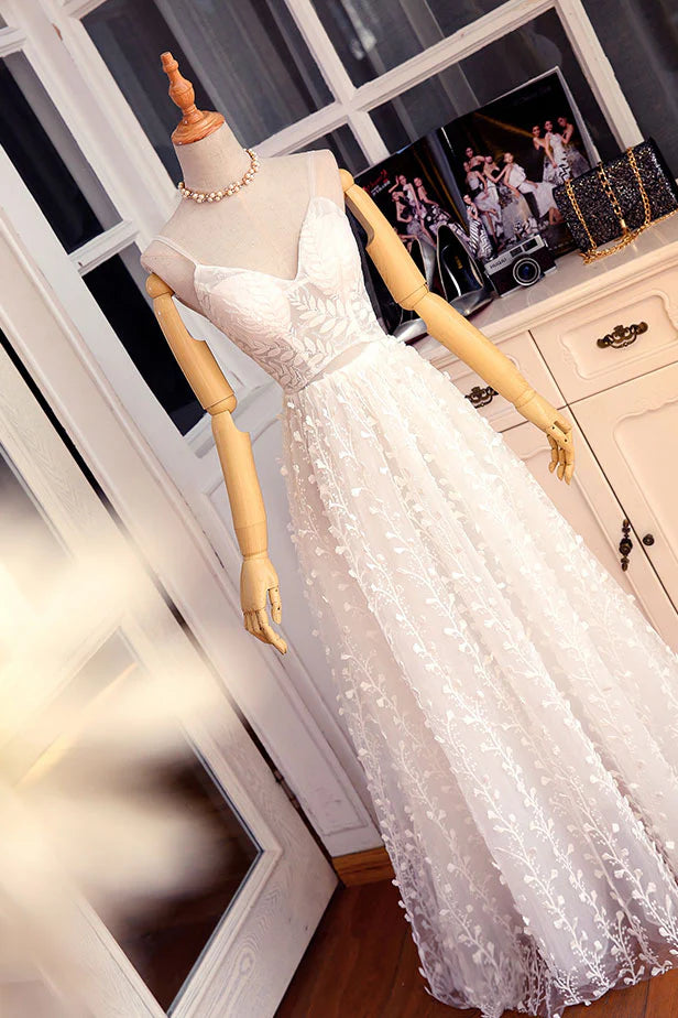 White v neck lace long prom Wedding Dresses