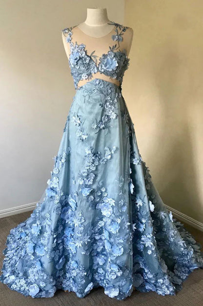 Blue round neck lace long prom Wedding Dresses
