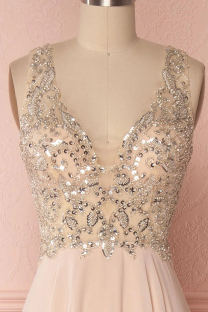 Pink v neck beads sequin long prom Wedding Dresses