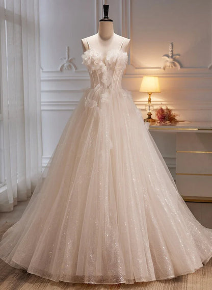 Ivory Tulle with Flowers Sweetheart A-line Long Prom Dress