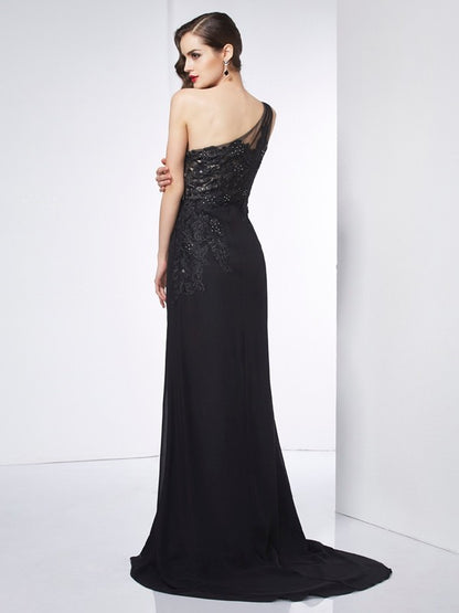 One-Shoulder Sleeveless Applique Long Chiffon Dresses