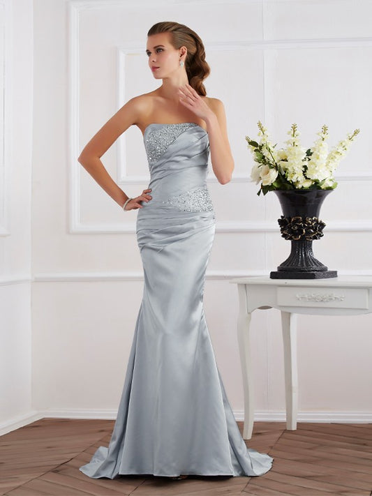 Strapless Beading Long Woven Satin Dresses