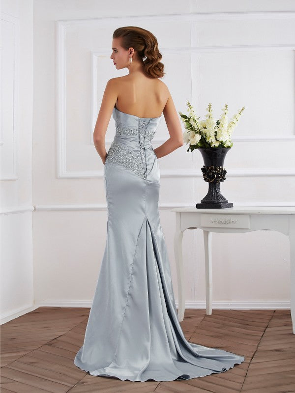 Strapless Beading Long Woven Satin Dresses