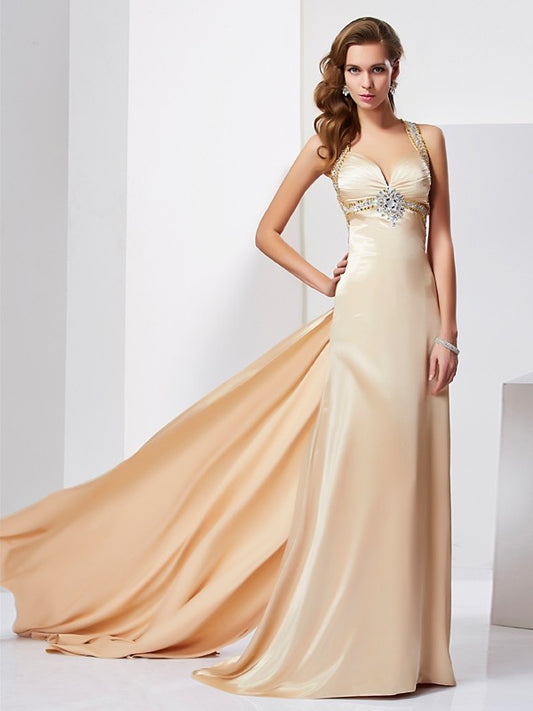 Halter Sleeveless Ruffles Long Silk like Satin Dresses