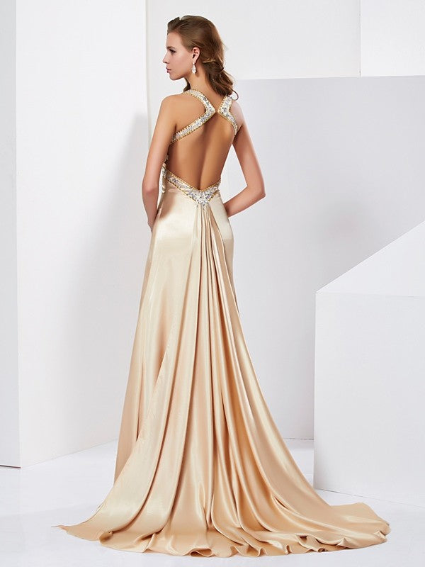 Halter Sleeveless Ruffles Long Silk like Satin Dresses