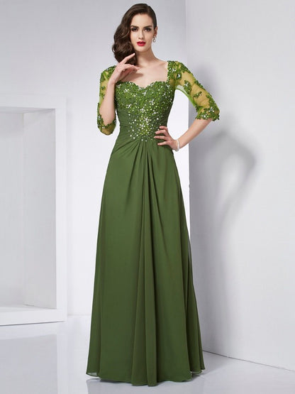 Sweetheart 3/4 Sleeves Beading Long Chiffon Dresses