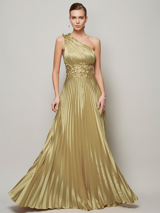 One-Shoulder Sleeveless Hand-Made Flower Long Woven Satin Dresses