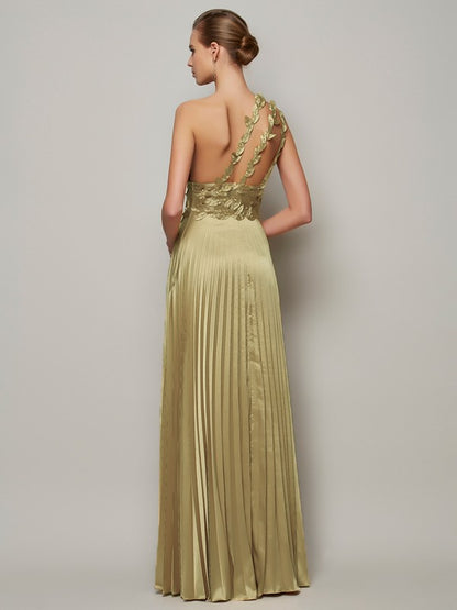 One-Shoulder Sleeveless Hand-Made Flower Long Woven Satin Dresses