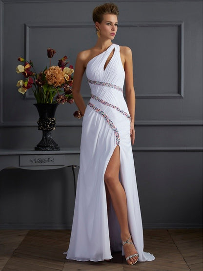 One-Shoulder Sleeveless Beading Long Chiffon Dresses