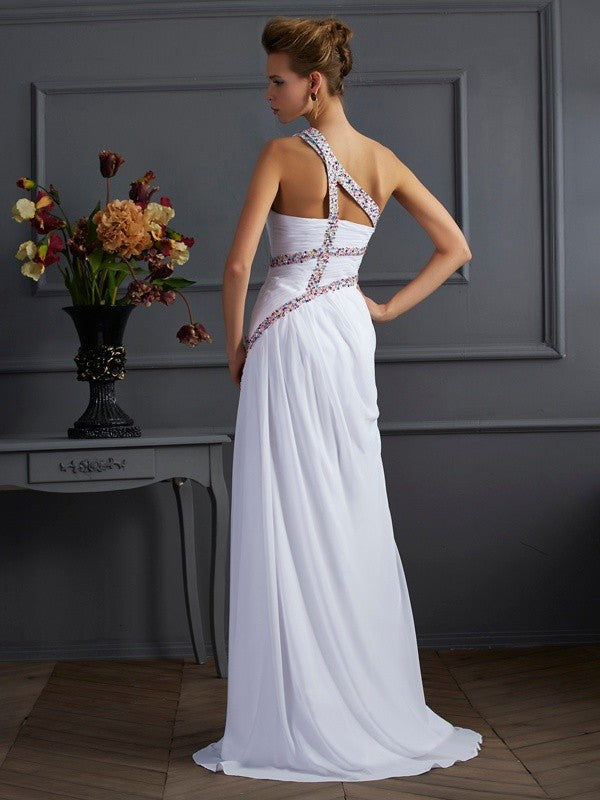 One-Shoulder Sleeveless Beading Long Chiffon Dresses