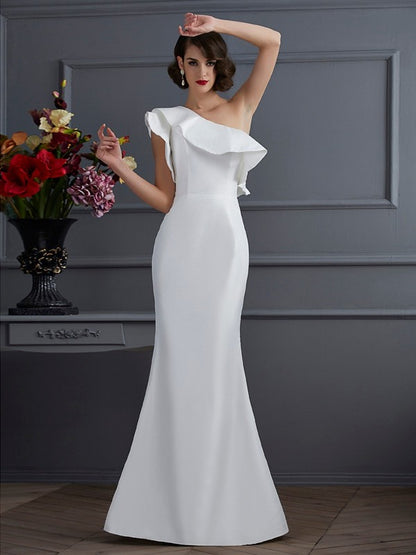 One-Shoulder Sleeveless Ruffles Long Taffeta Dresses