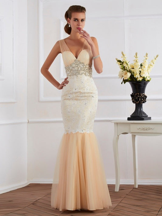 Straps Sleeveless Beading Long Net Dresses