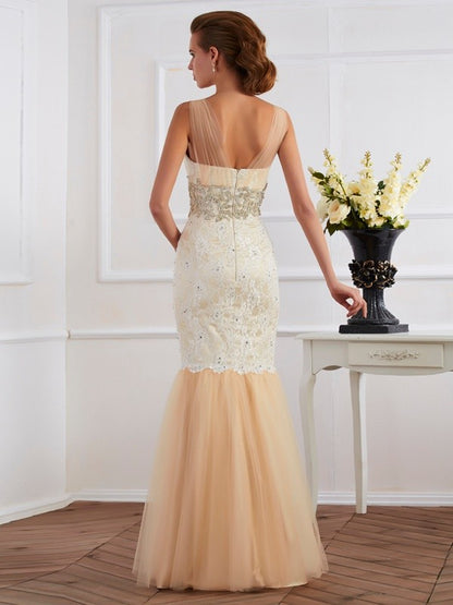 Straps Sleeveless Beading Long Net Dresses