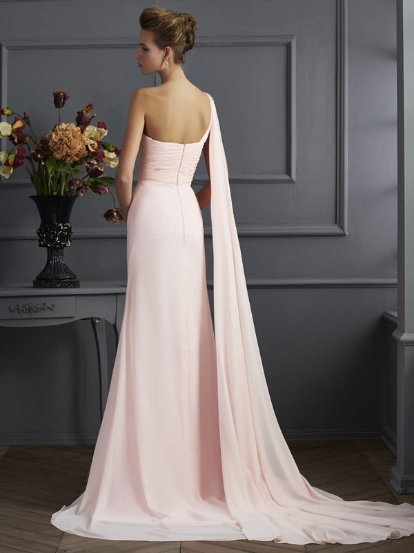 One-Shoulder Sleeveless Beading Long Chiffon Dresses